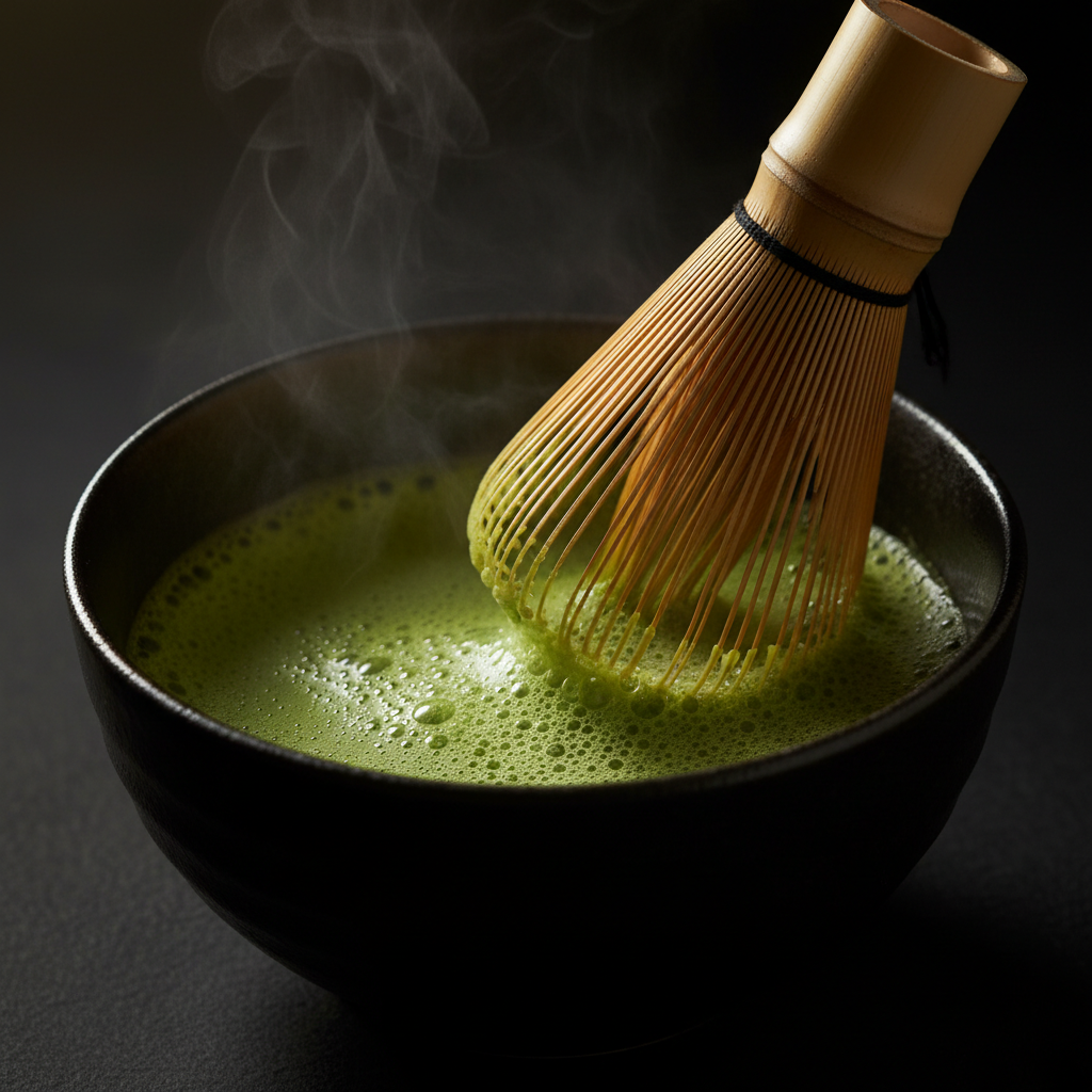 Matcha being whisked in a black chawan, steam rising in warm light against a dark ground