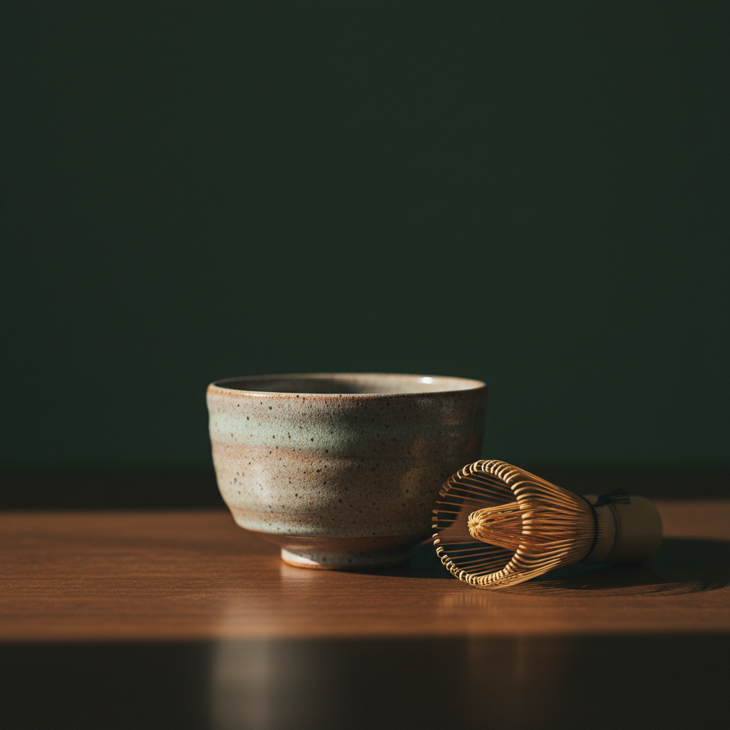 A chawan tea bowl and a bamboo chasen whisk on dark wood in warm light