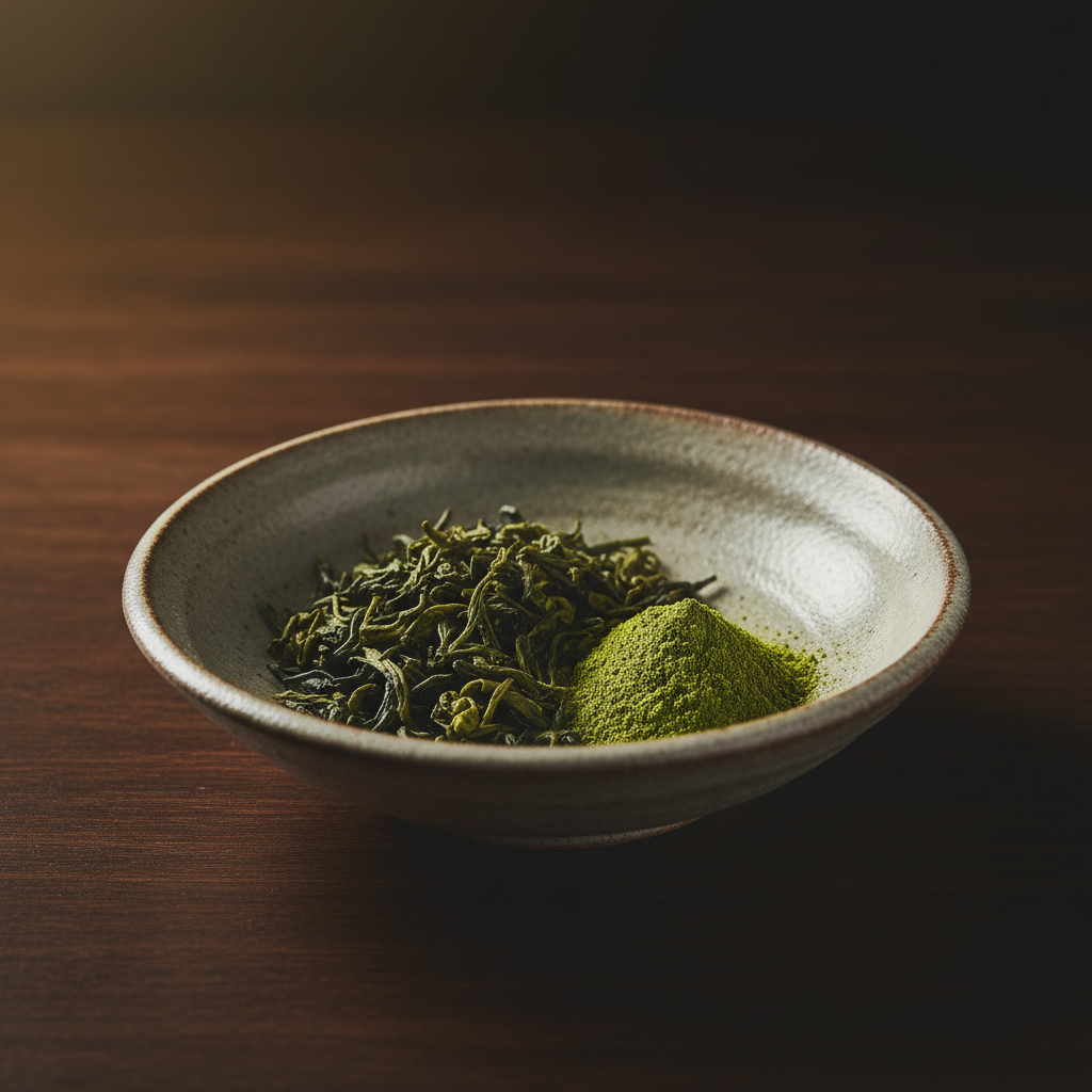 Loose green tea leaves and matcha powder in a small dish on dark wood